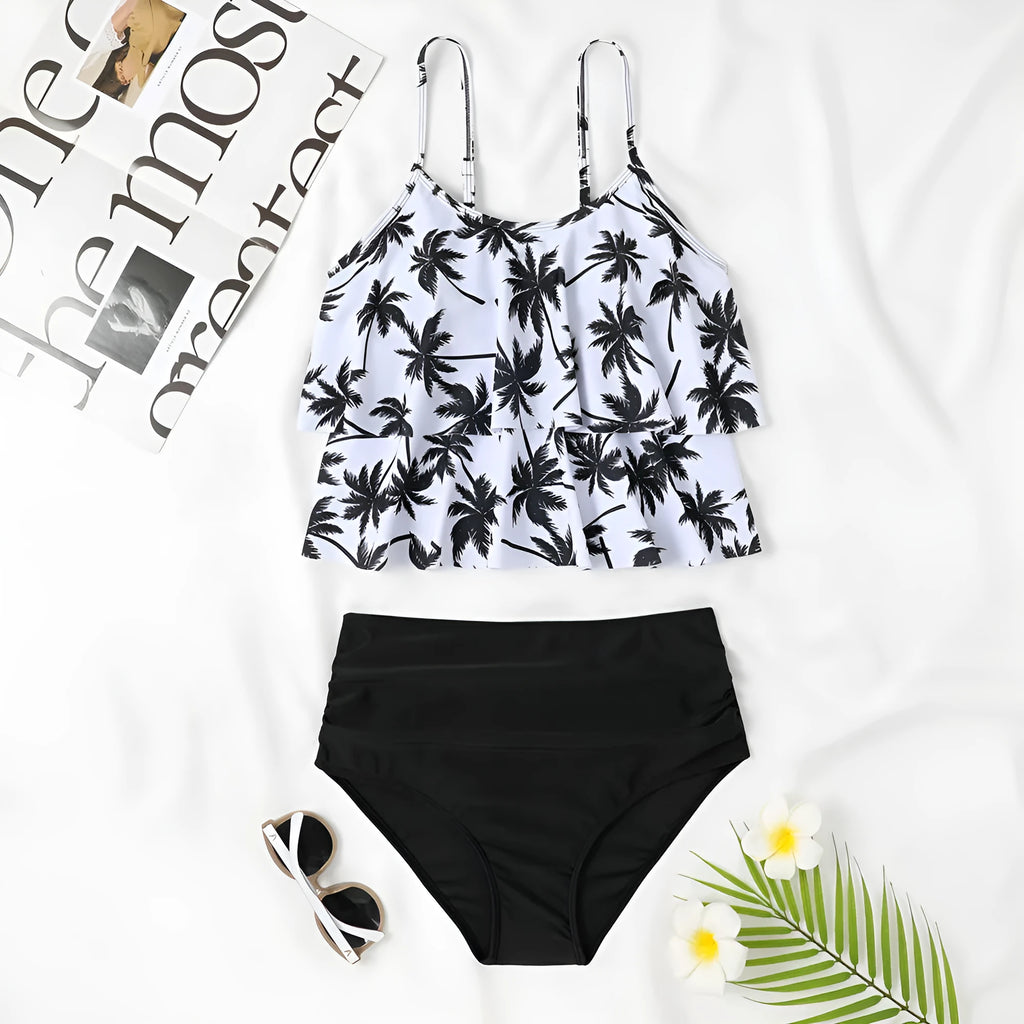 High-waist double-layer swimsuit with printed pattern, sleeveless top and briefs