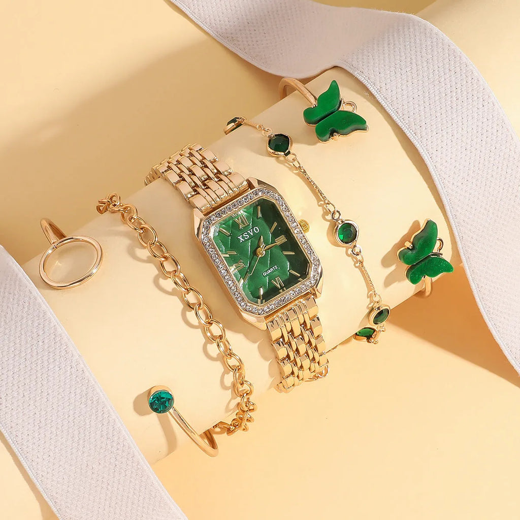 Gold green square dial women's watch with four matching alloy bracelets featuring jewellery buckle closures