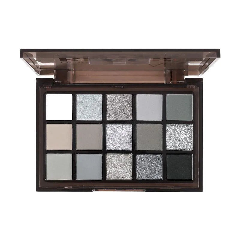15-colour matte and shimmer eye shadow palette with grey, black and brown tones for smoky makeup