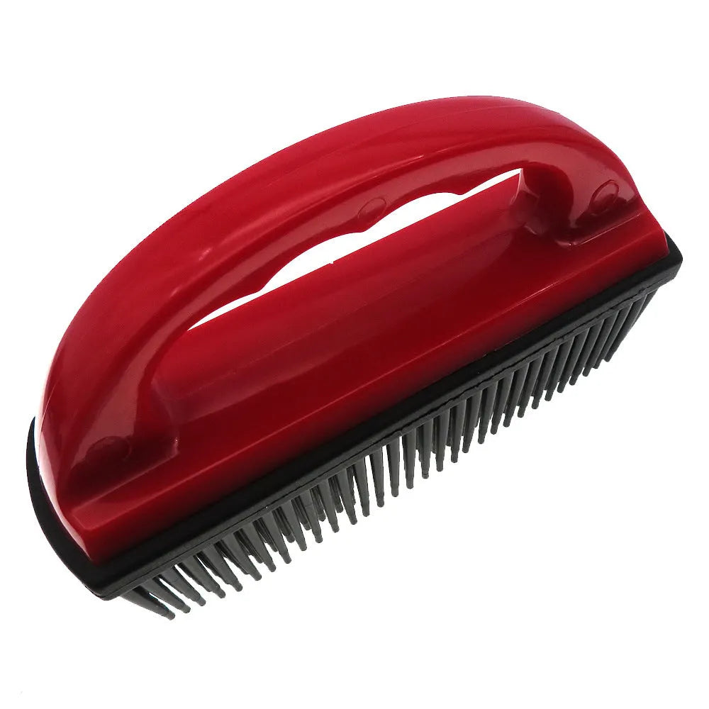 Red plastic pet hair removal brush with massage function for bath time and carpet cleaning