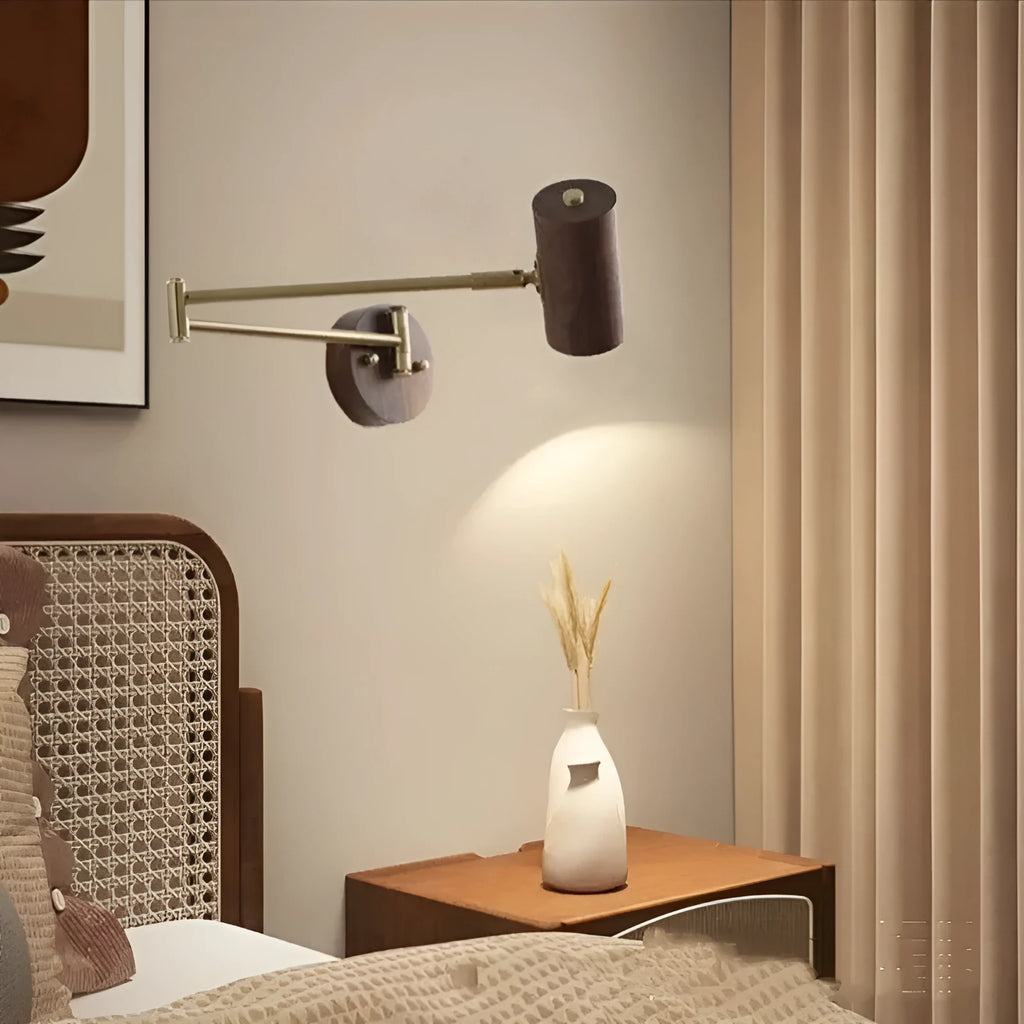 Retro wooden and iron rotating wall lamp with adjustable long-arm spotlight and ribbon zipper switch