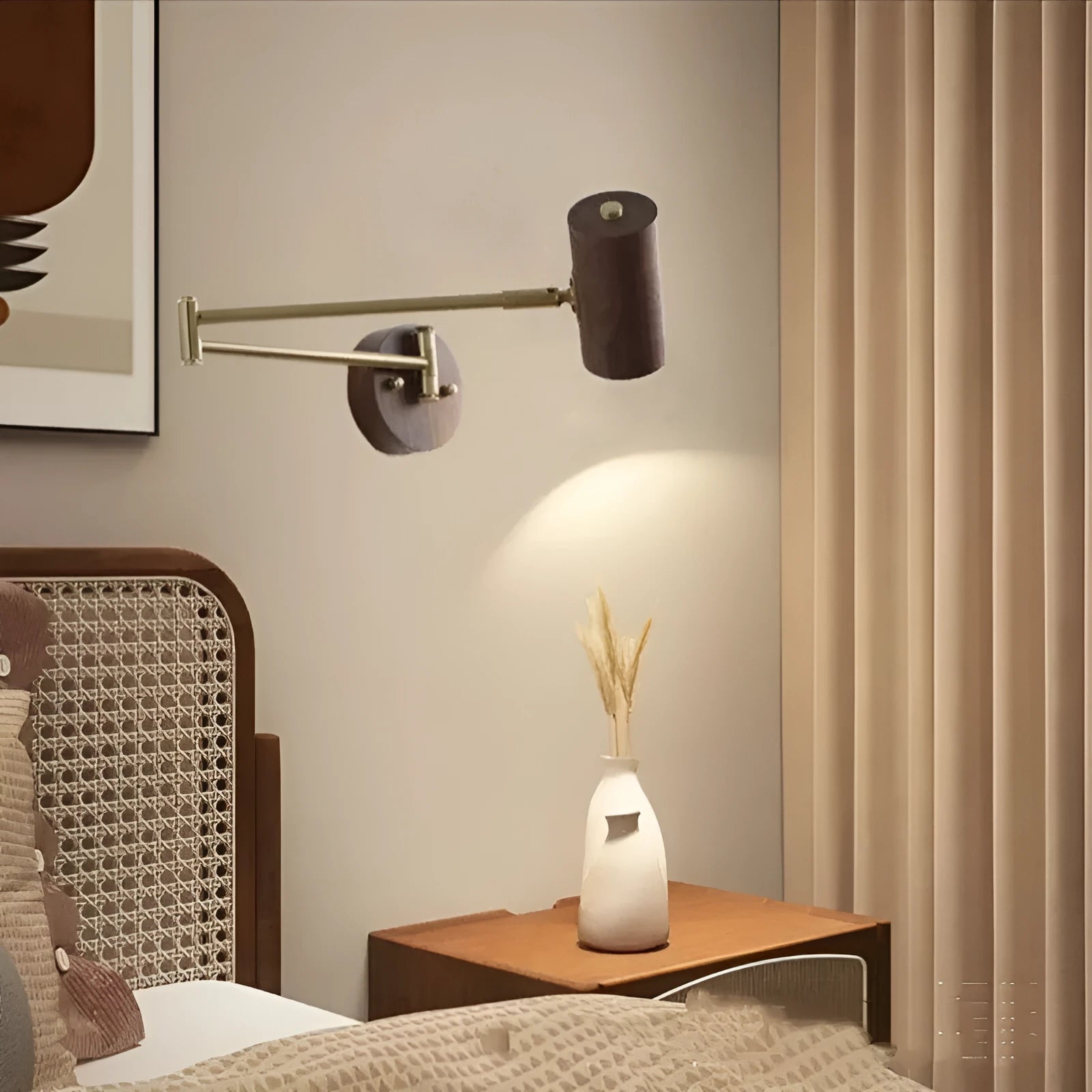 Retro wooden and iron rotating wall lamp with adjustable long-arm spotlight and ribbon zipper switch