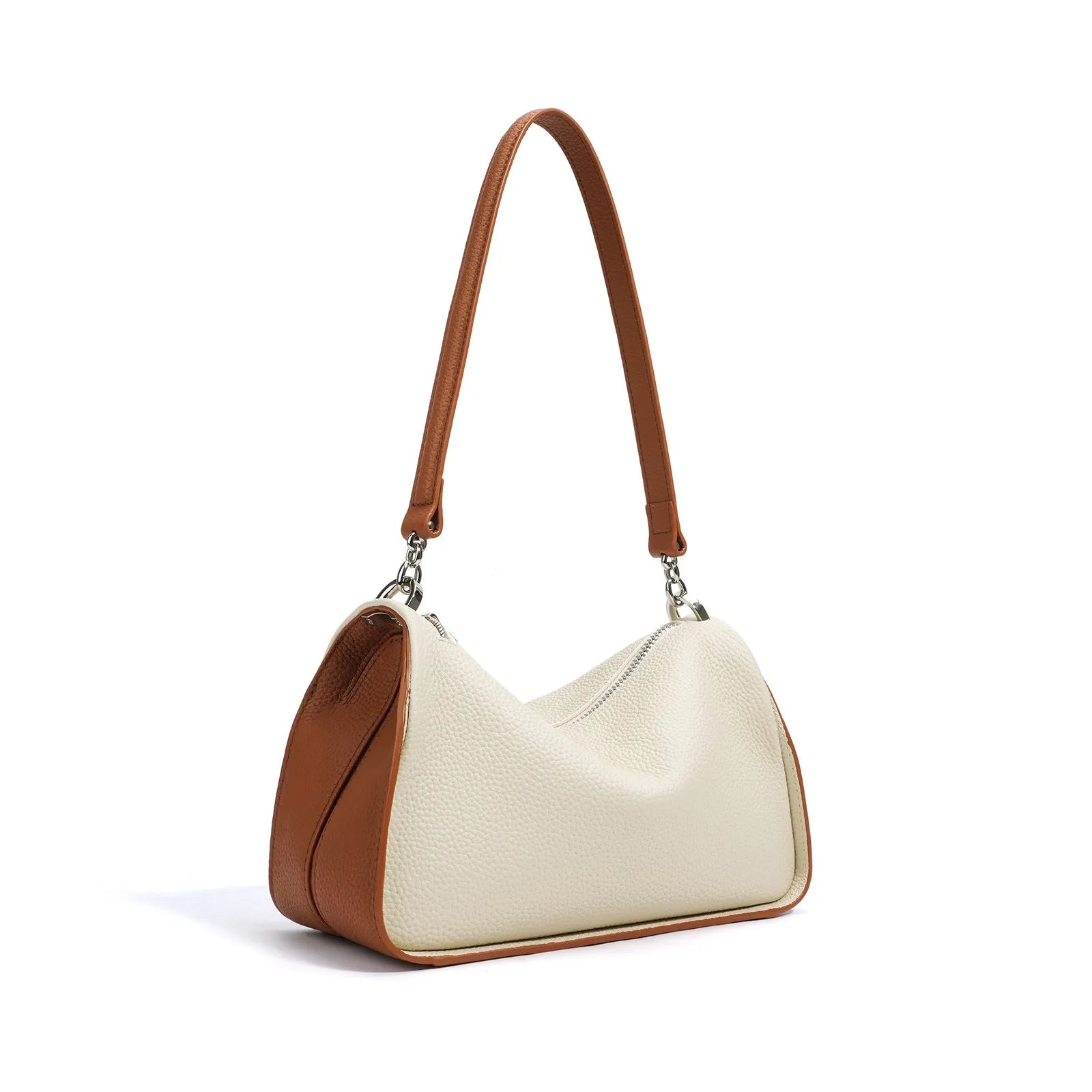 Women's first layer cowhide crossbody bag in pillow shape with double strap 23cm length milkshake white and brown