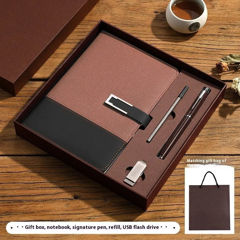 A5 business notebook with PU leather cover in brown, black, green, blue, or red, alongside a luxury gift box.