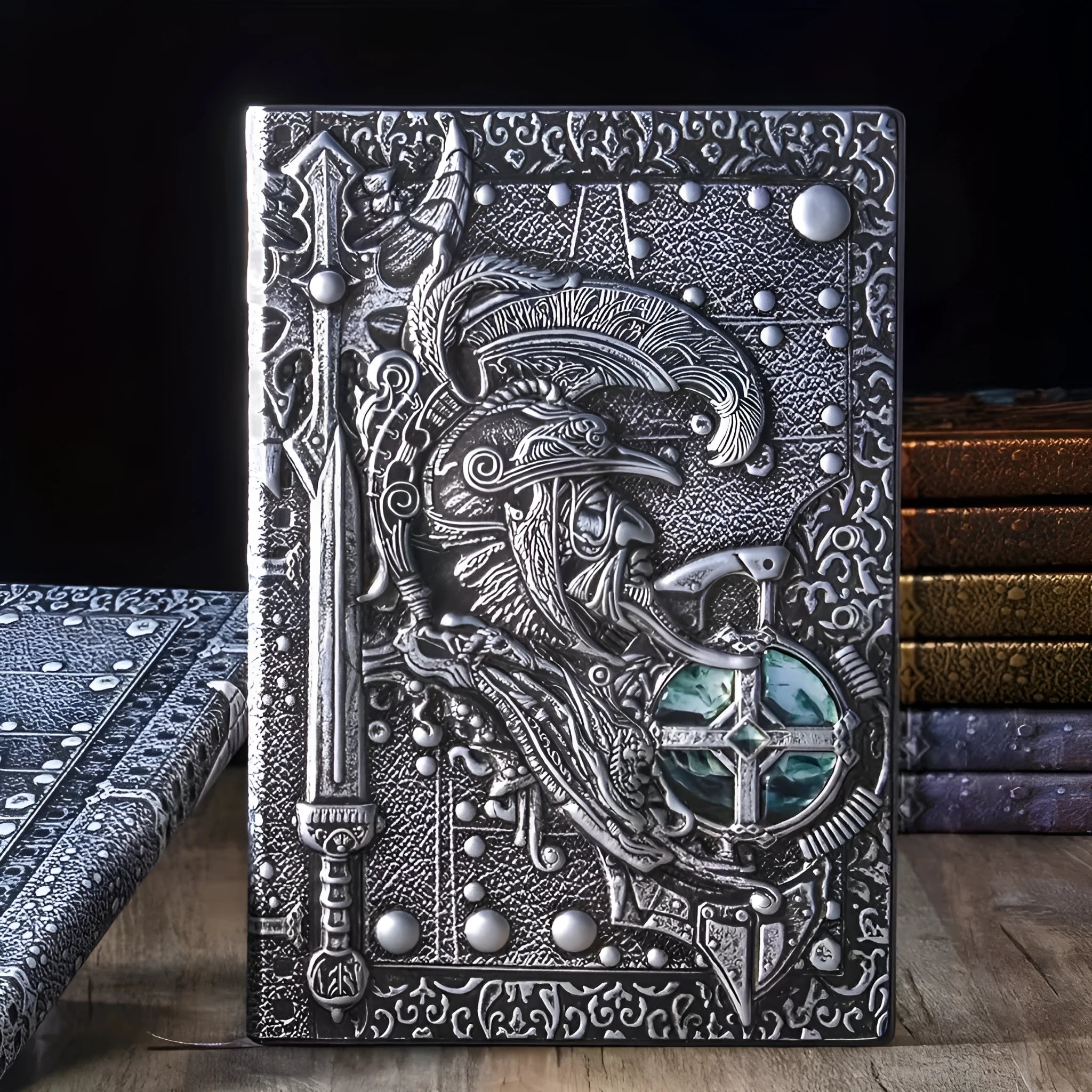 A5 leather notebook with embossed 3D warriors relief design on the cover, shown open.