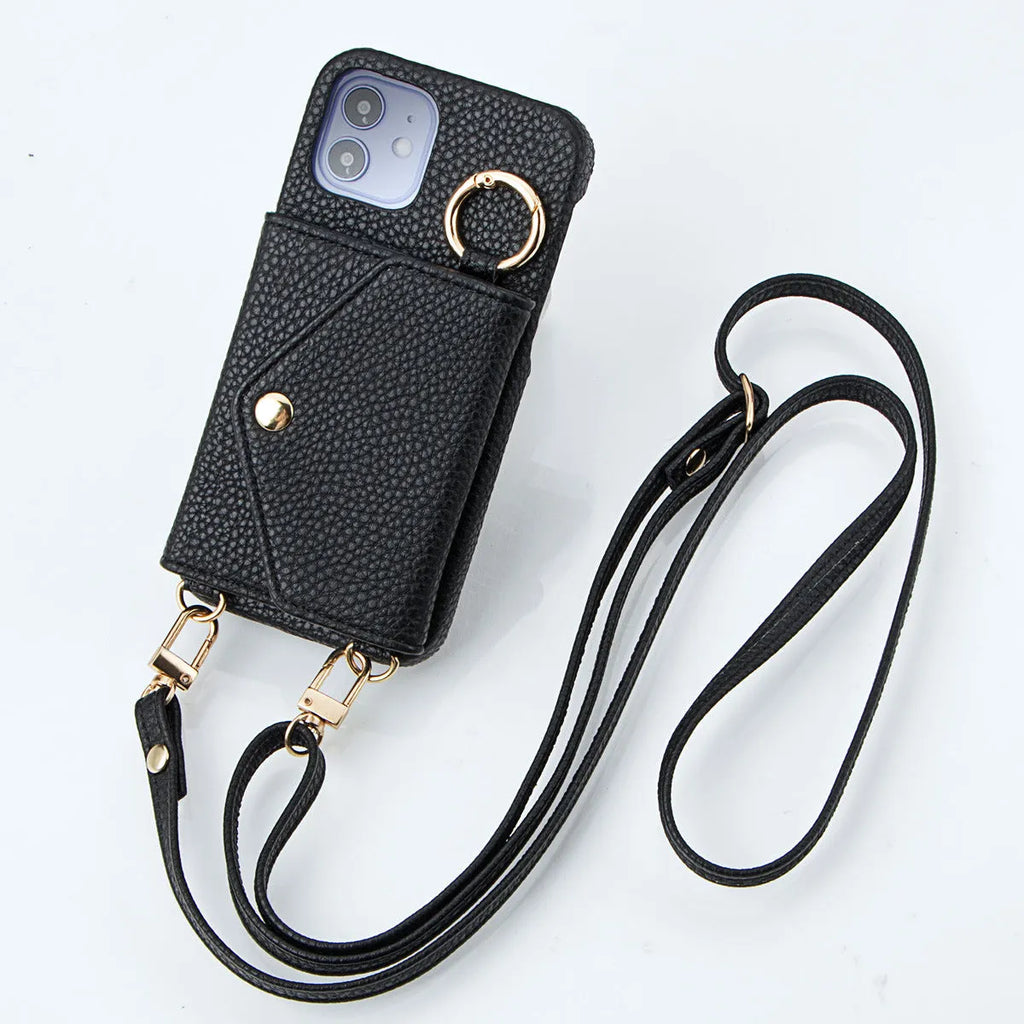 Anti-degaussing wallet phone case for Apple iPhone with bracket and crossbody bag in black imitation leather