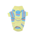 Blue and yellow stripe wool sweater for small dog breeds on white background