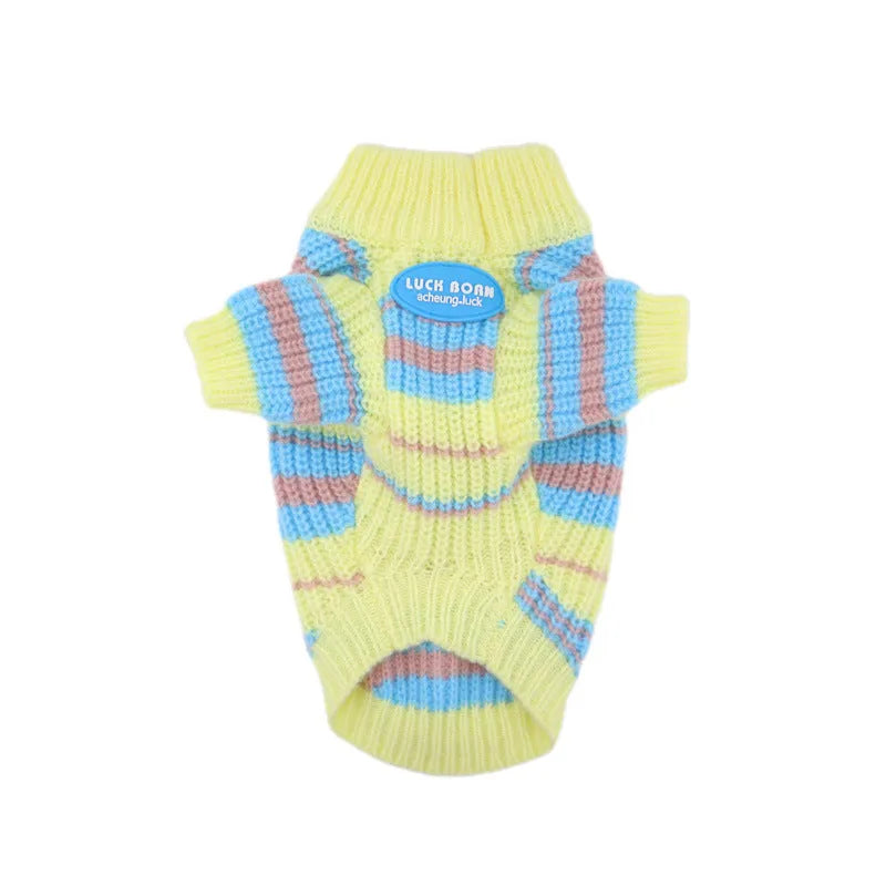 Blue and yellow stripe wool sweater for small dog breeds on white background