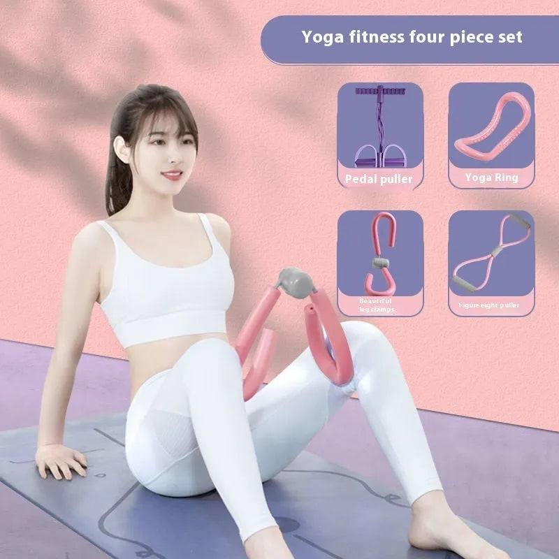 Yoga four piece fitness set showing leg stretching device, foot pedal resistance band, yoga ring, and figure eight tension rope