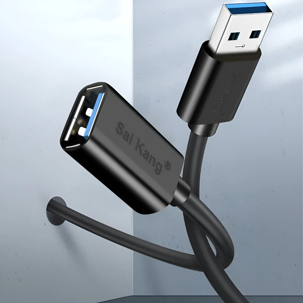 Black USB 3.0 and USB 2.0 male to female extension cable with length options from 1 metre to 5 metres.