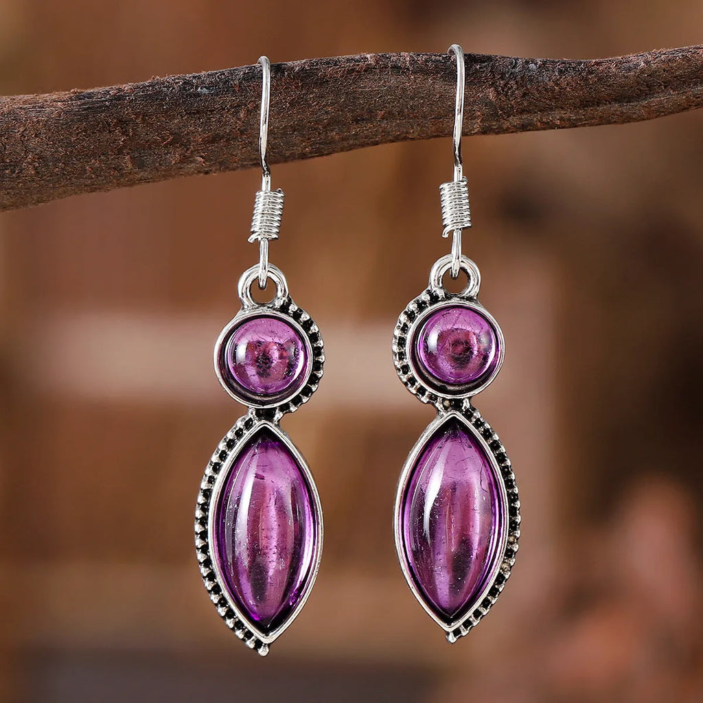 Black and purple geometric vintage gemstone pendant earrings with zinc alloy construction