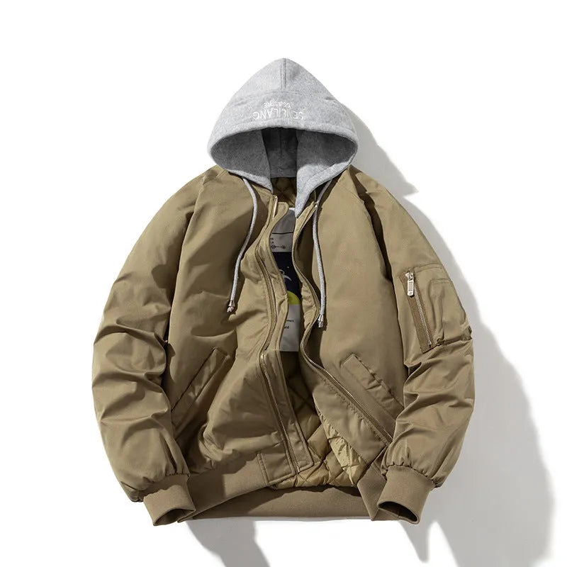 Men's loose-fitting plus-size pilot jacket in black, beige, or green with embedded line pockets.