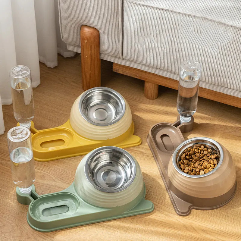 Elevated brown plastic cat food bowl with attached water bottle dispenser