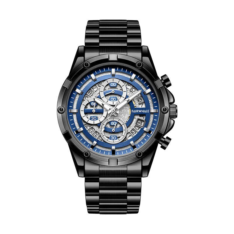 Men's stainless steel casual watch with luminous hands on wrist, showing blue dial and black case option.