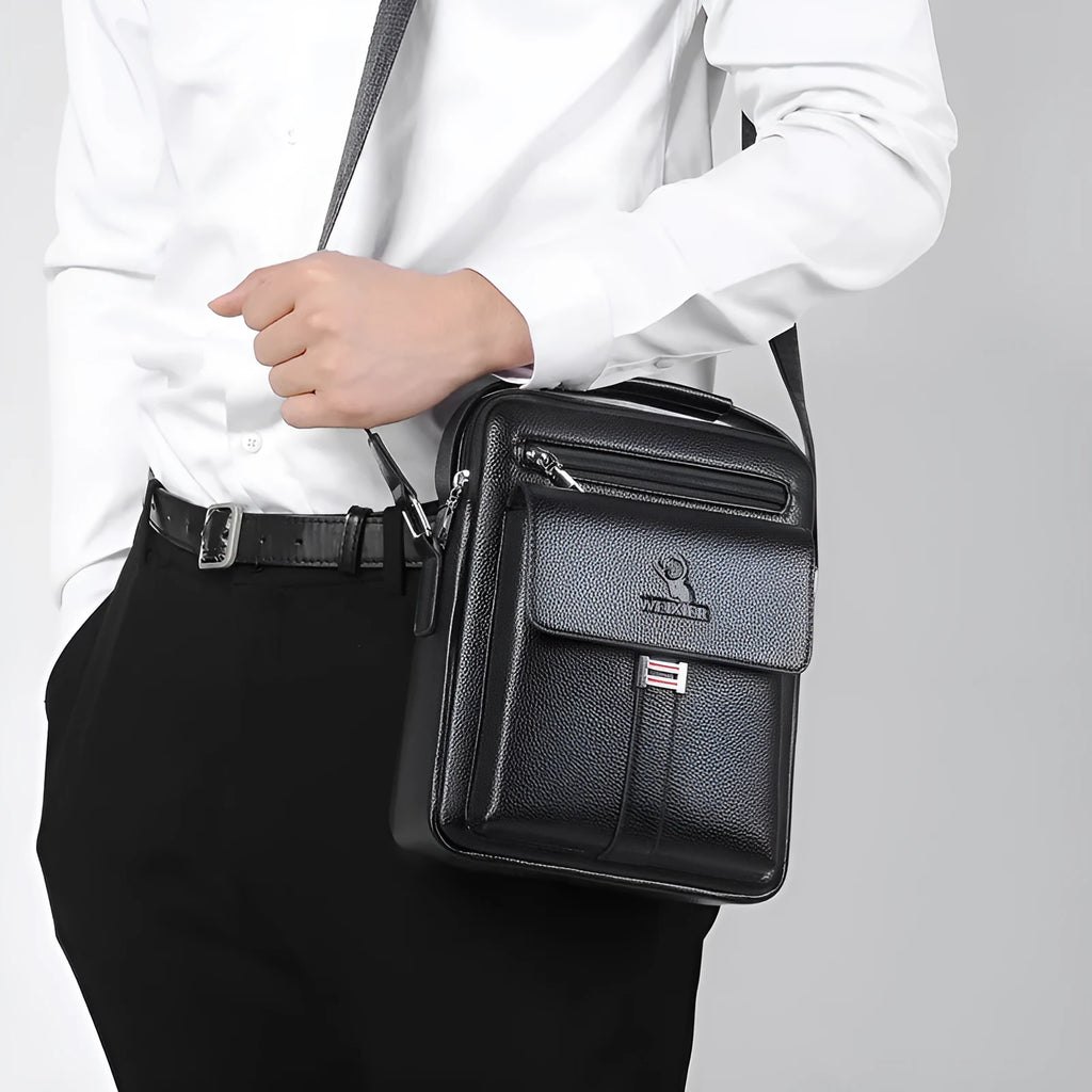 Men’s PU leather crossbody shoulder bag in solid colour with visible sewing line, waterproof for business travel