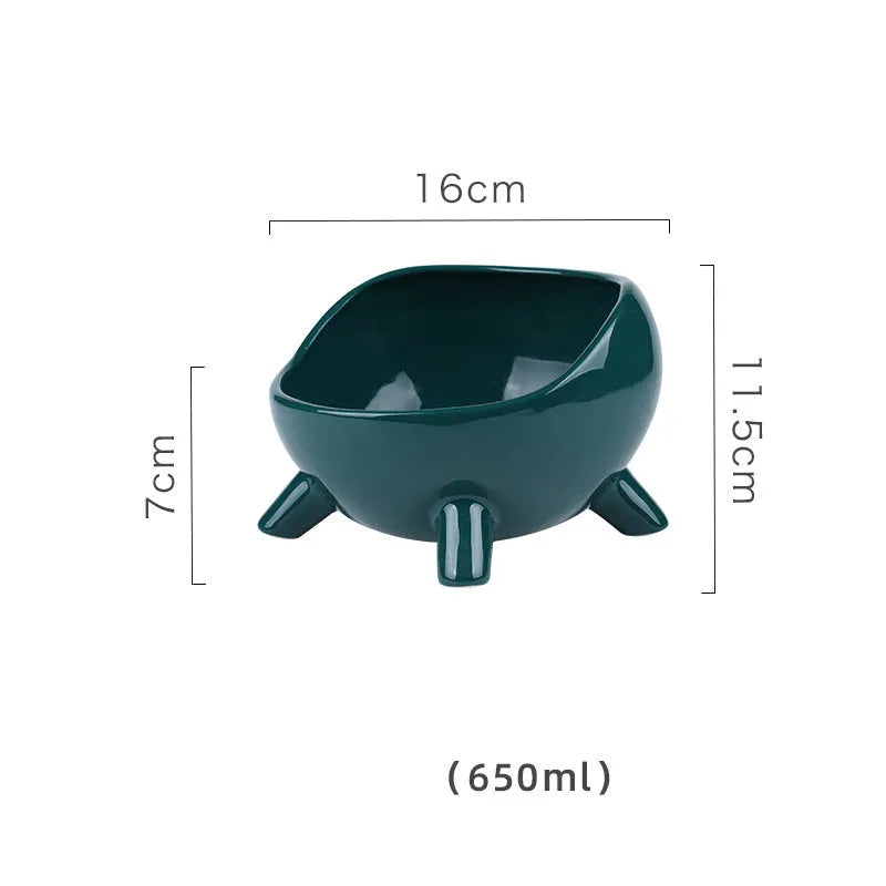Ceramic pet bowl with four legs, wide mouth, and rounded arc design in green colour