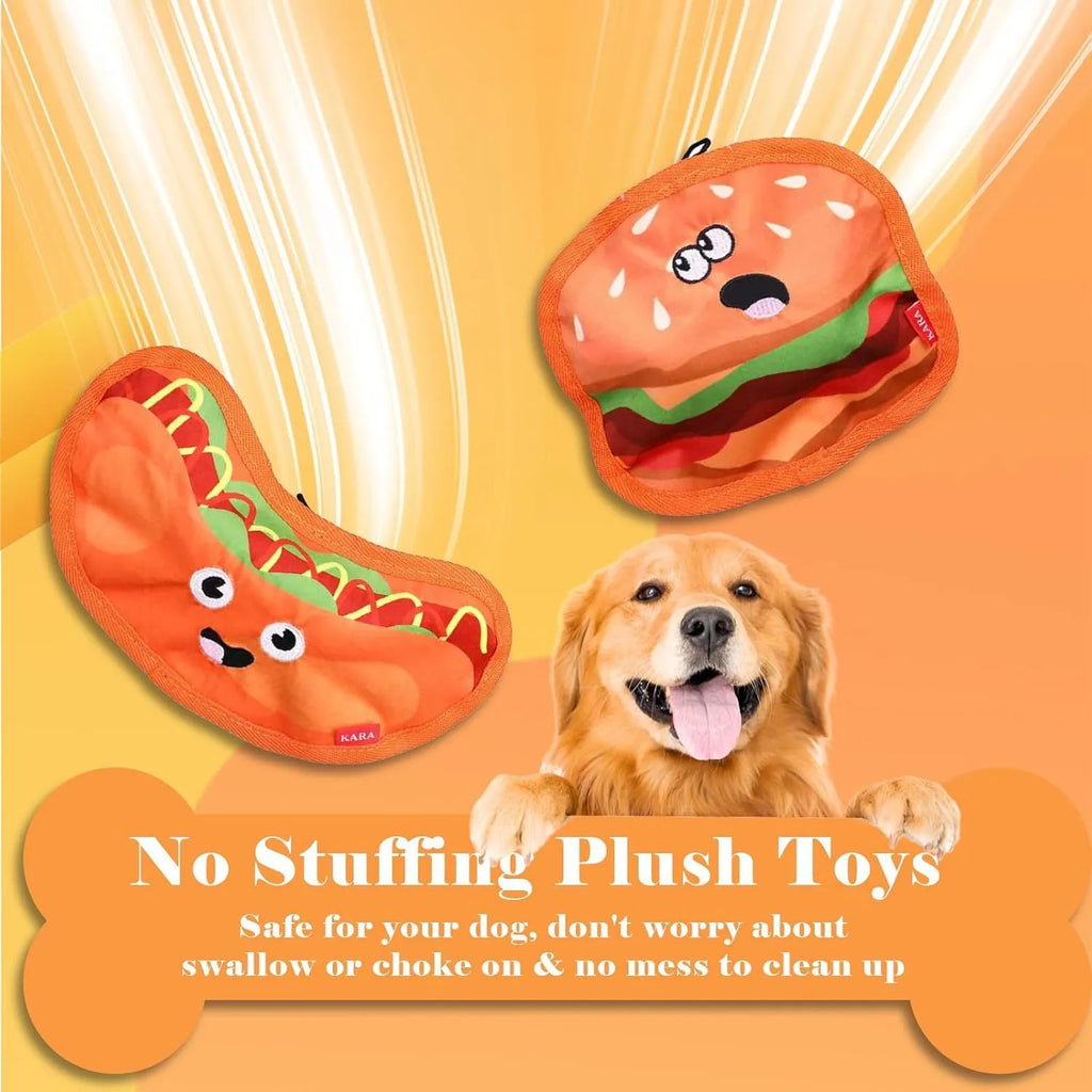Crinkle and squeaker dog toy in hamburger shape with no stuffing