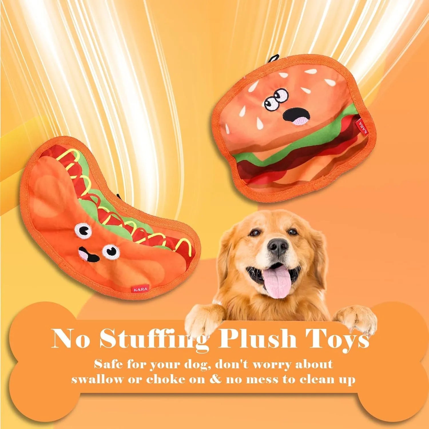 Crinkle and squeaker dog toy in hamburger shape with no stuffing