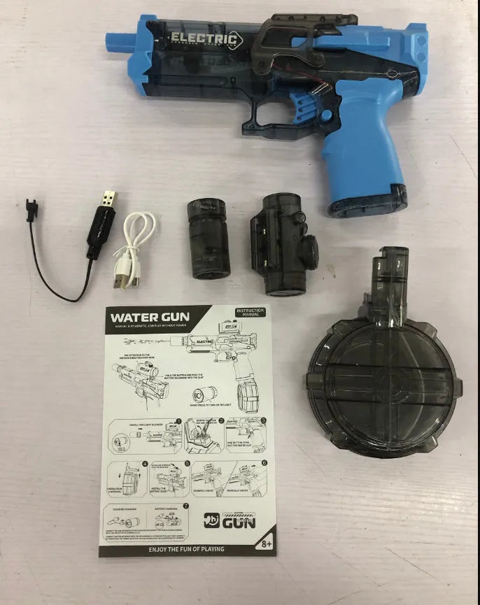 Fire Rat electric water pistol with LED lights in blue, showing automatic water spray feature.