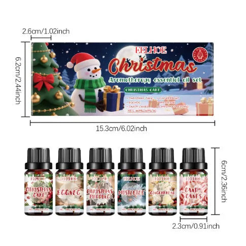 Christmas aromatherapy oil set showing six bottles of warm home scented oil
