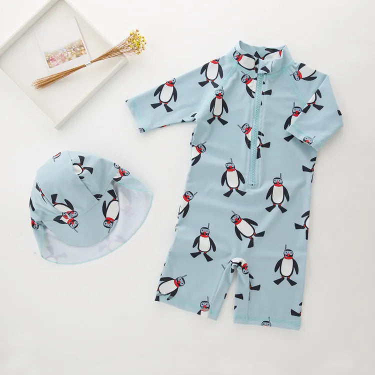 Boys' penguin print long sleeve swimming costume set with matching swim cap for sun protection