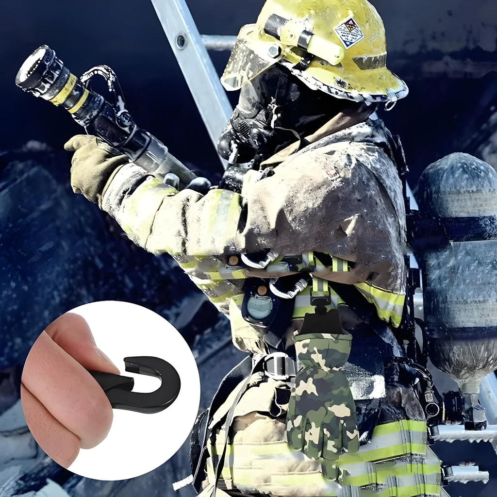 Fluorescent green safety clip with metal buckle and reflective tape for fireman gloves.