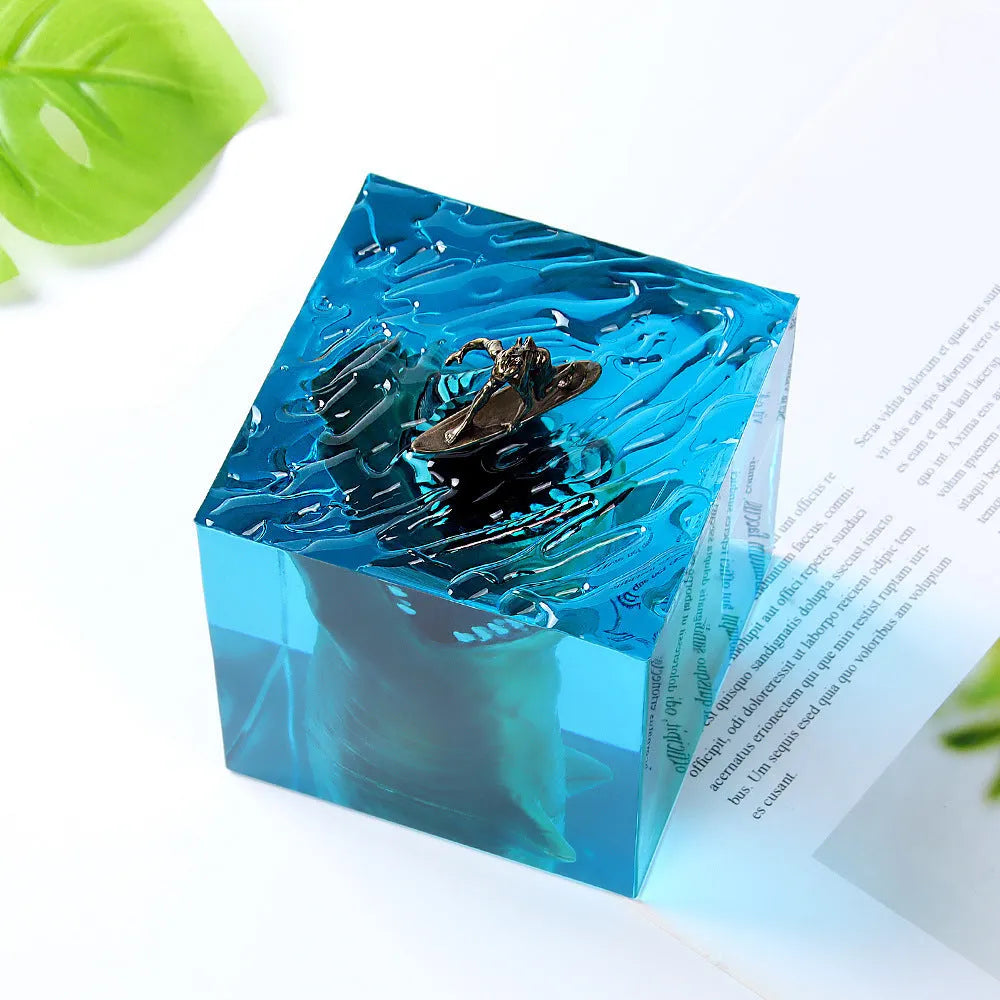 Shark surfing micro landscape night light in clear resin with lamp holder available in 5cm and 8cm sizes
