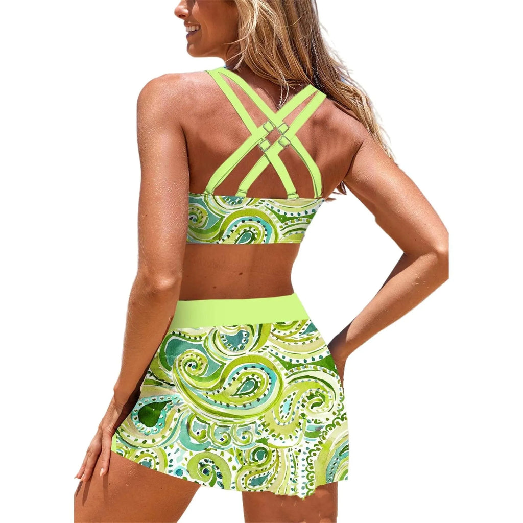 Plus size conservative women's split swimsuit with boxer bottom in black polyester, side view