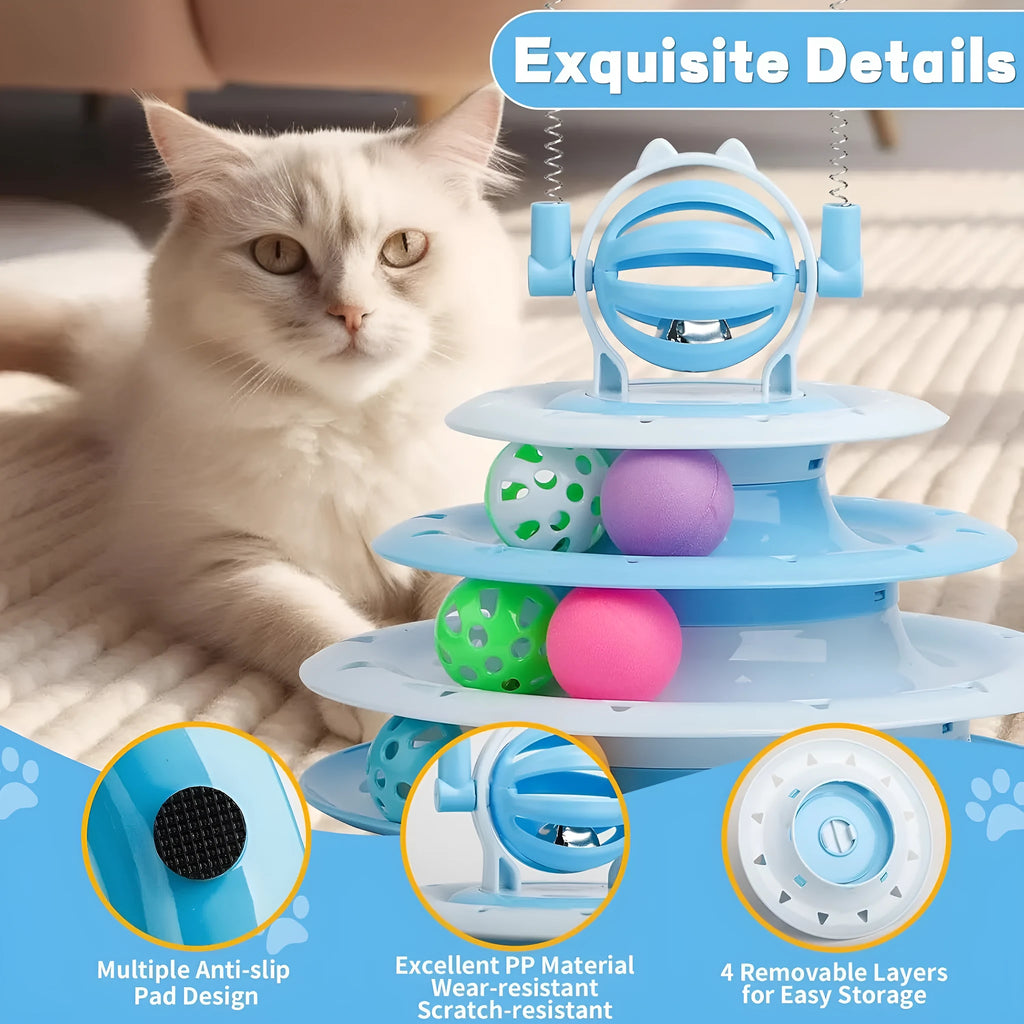 Blue 4-tier interactive cat puzzle toy carousel with six coloured balls and two teasing rods.