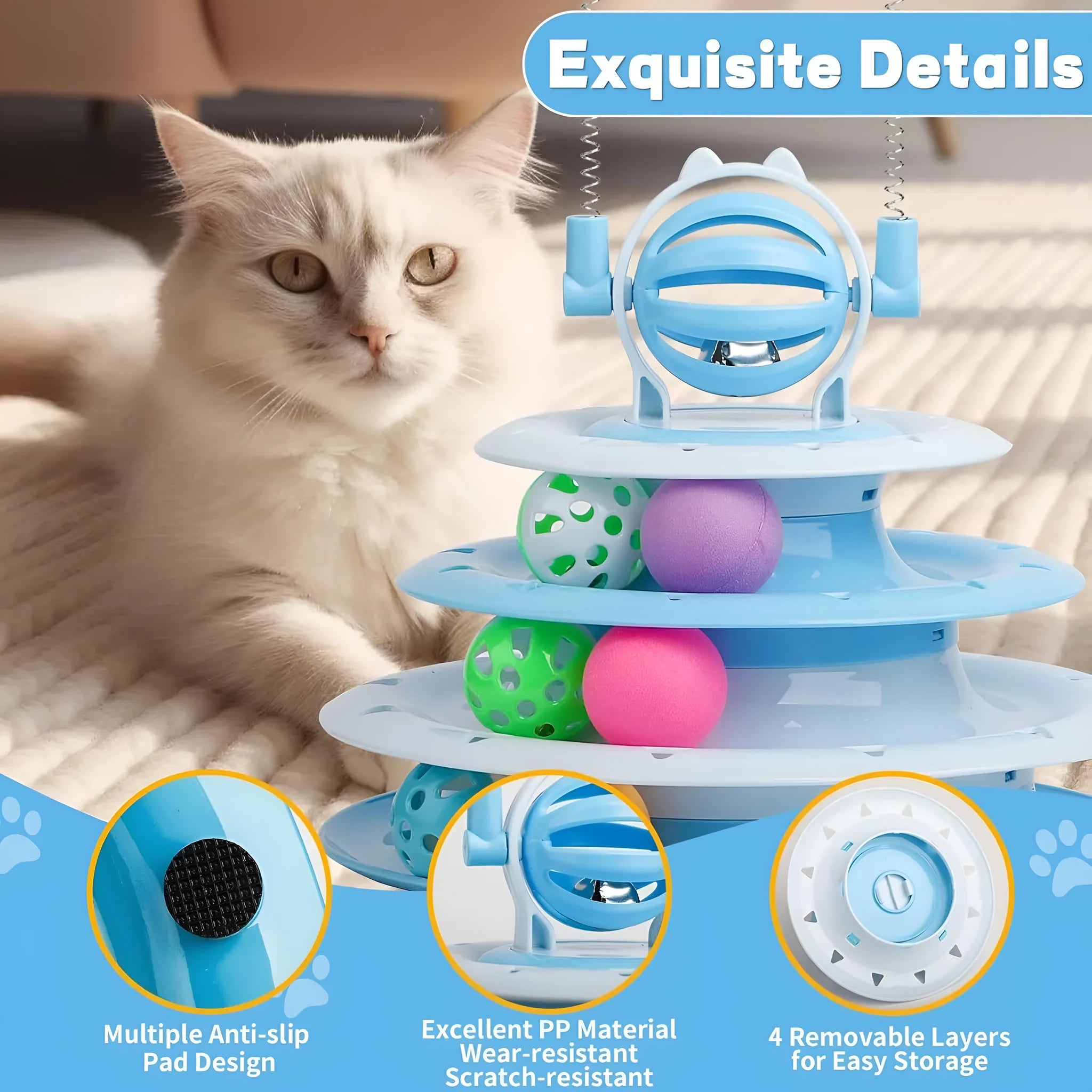 Blue 4-tier interactive cat puzzle toy carousel with six coloured balls and two teasing rods.