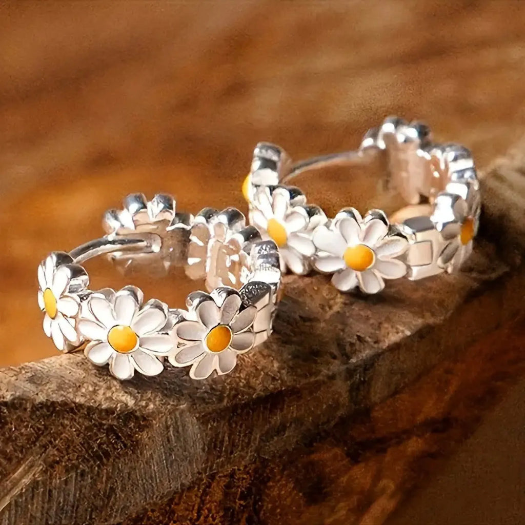 White daisy flower ring earrings with platinum inlaid gemstone on copper base