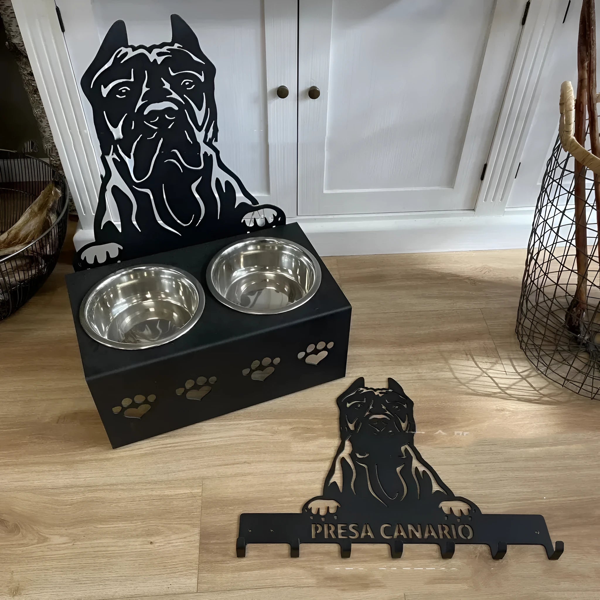 Personalised steel dog bowl holder with custom name engraving in choice of 22 colours