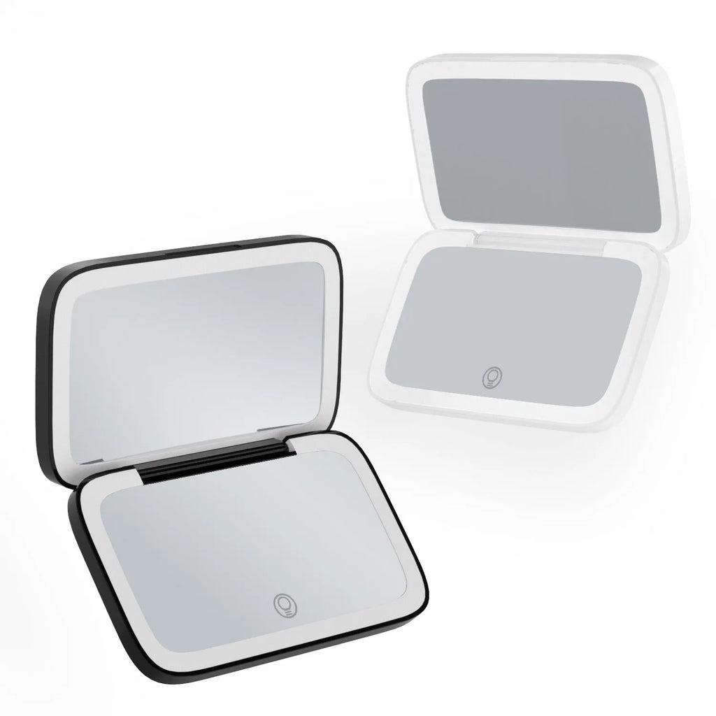 Portable LED make-up mirror with light in black showing double-sided design