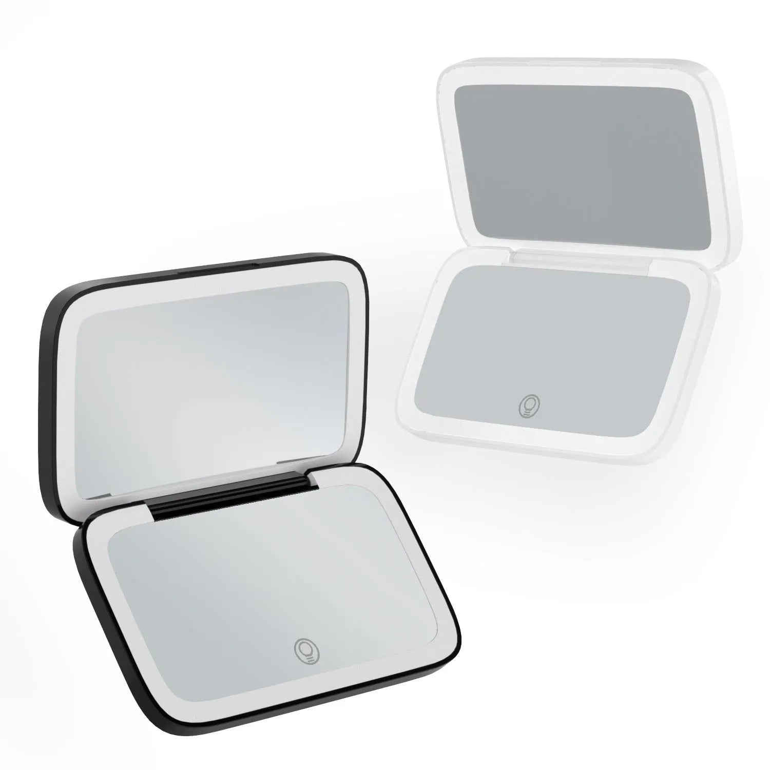 Portable LED make-up mirror with light in black showing double-sided design