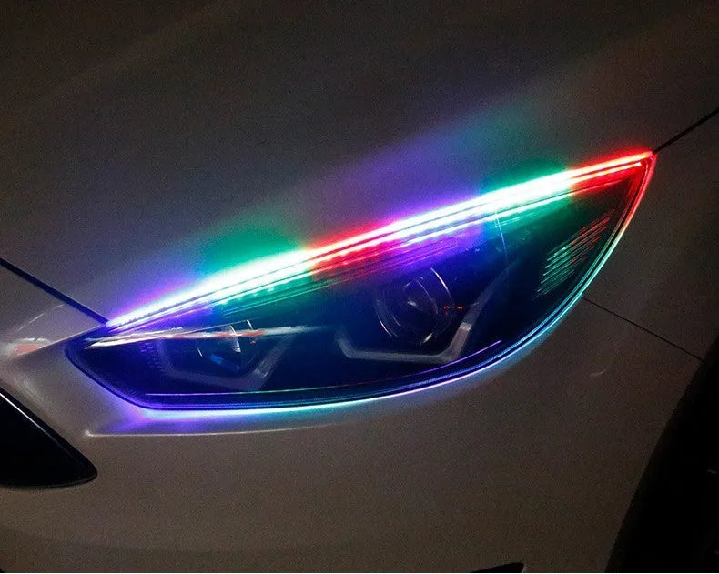 A universal RGB LED daytime running light strip for cars with a remote control, shown in three size options.