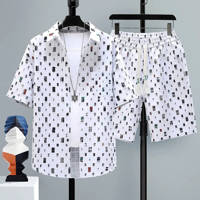 Men's grey casual polyester sports set with short sleeve top and shorts on a hanger.