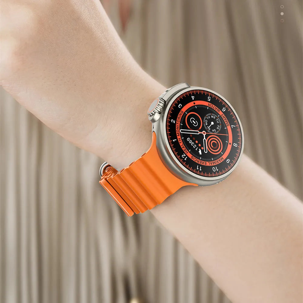 K9 Smart Watch in black on wrist, showing round screen with fitness stats
