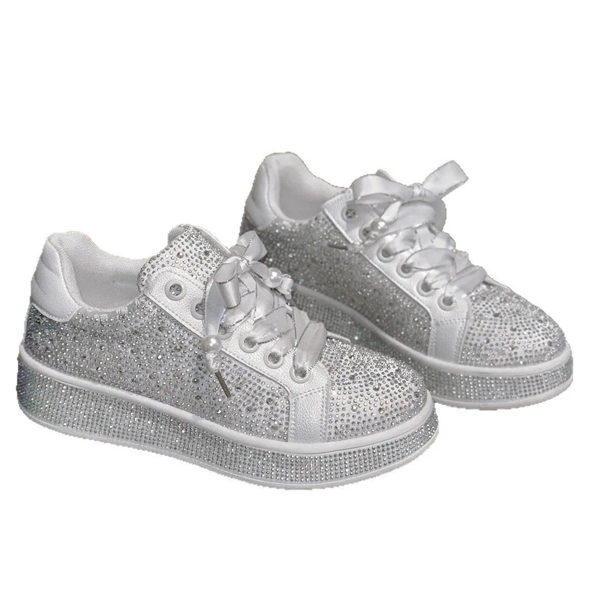 Solid white plus size women's casual shoes with starry rhinestone detailing, low-top design, and rubber sole