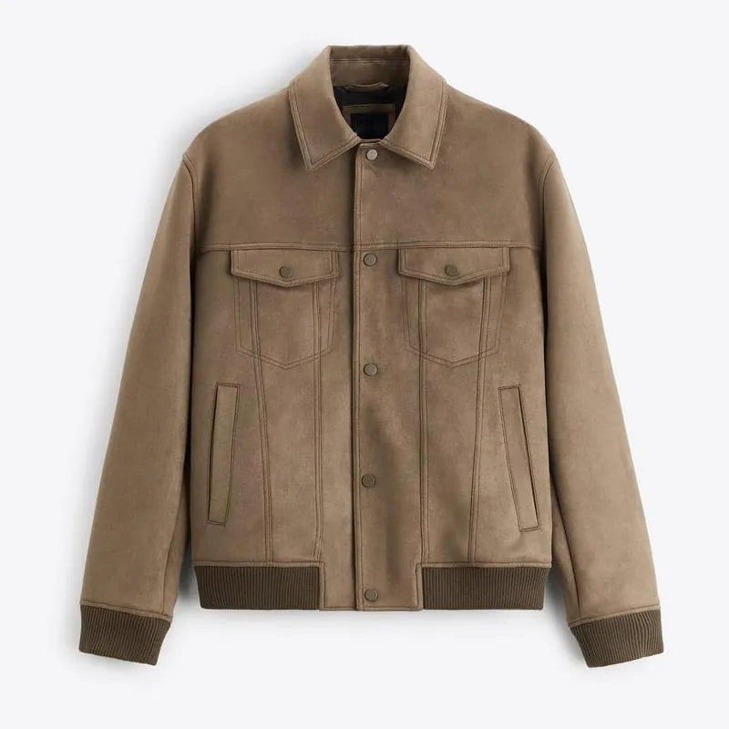 British style suede velvet long sleeve jacket in mink colour on a hanger.