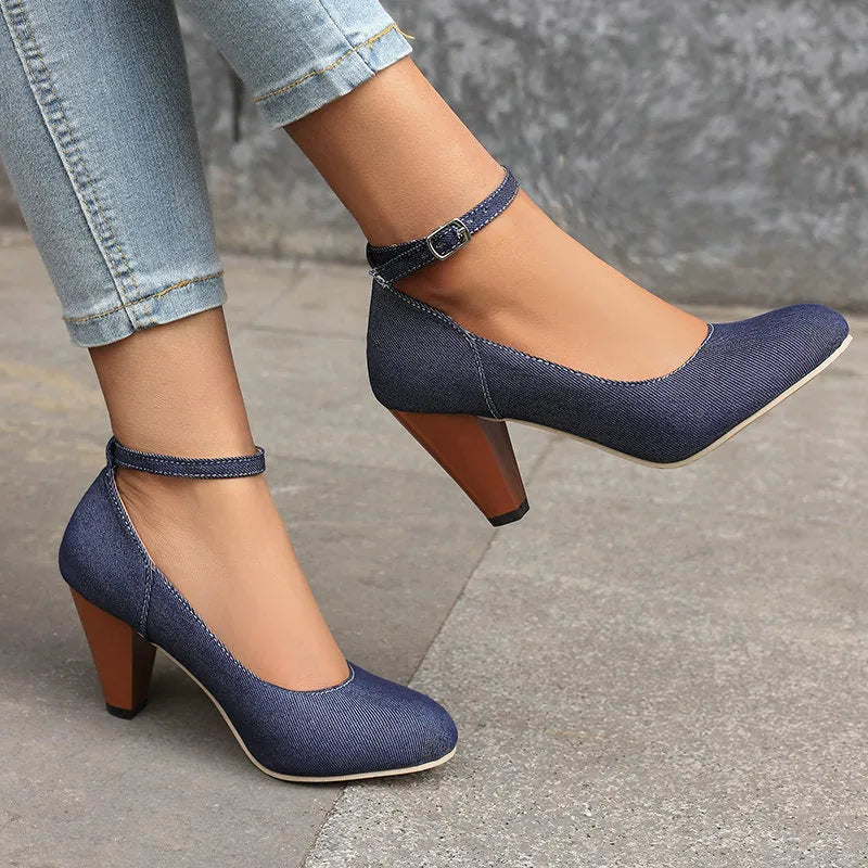 Women's blue denim waterproof platform high-heel shoes with buckle fastening and round toe design
