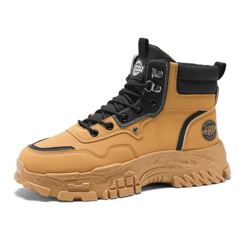 Men's black and yellow Martin work boots with artificial PU upper and mid-calf height