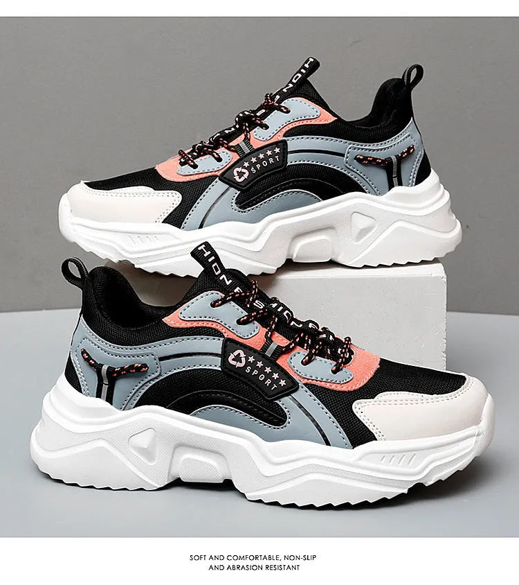 Women's white thick-soled casual sports shoes with mesh upper and round toe