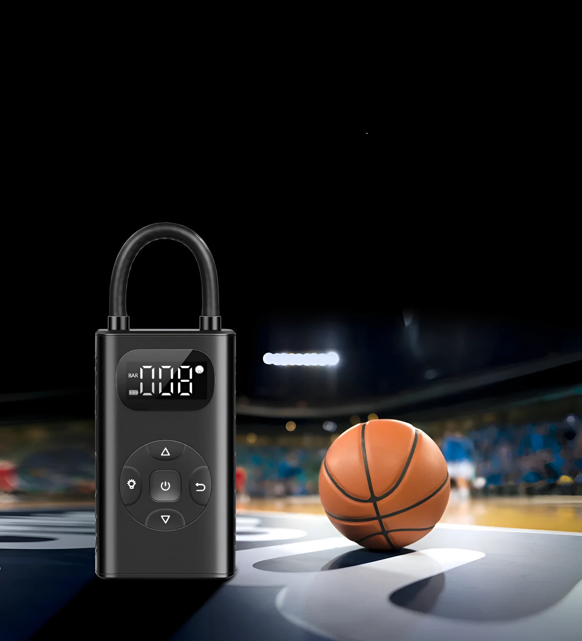 Black portable digital tyre inflator with power bank, USB cable, and 16cm tube on a grey background.