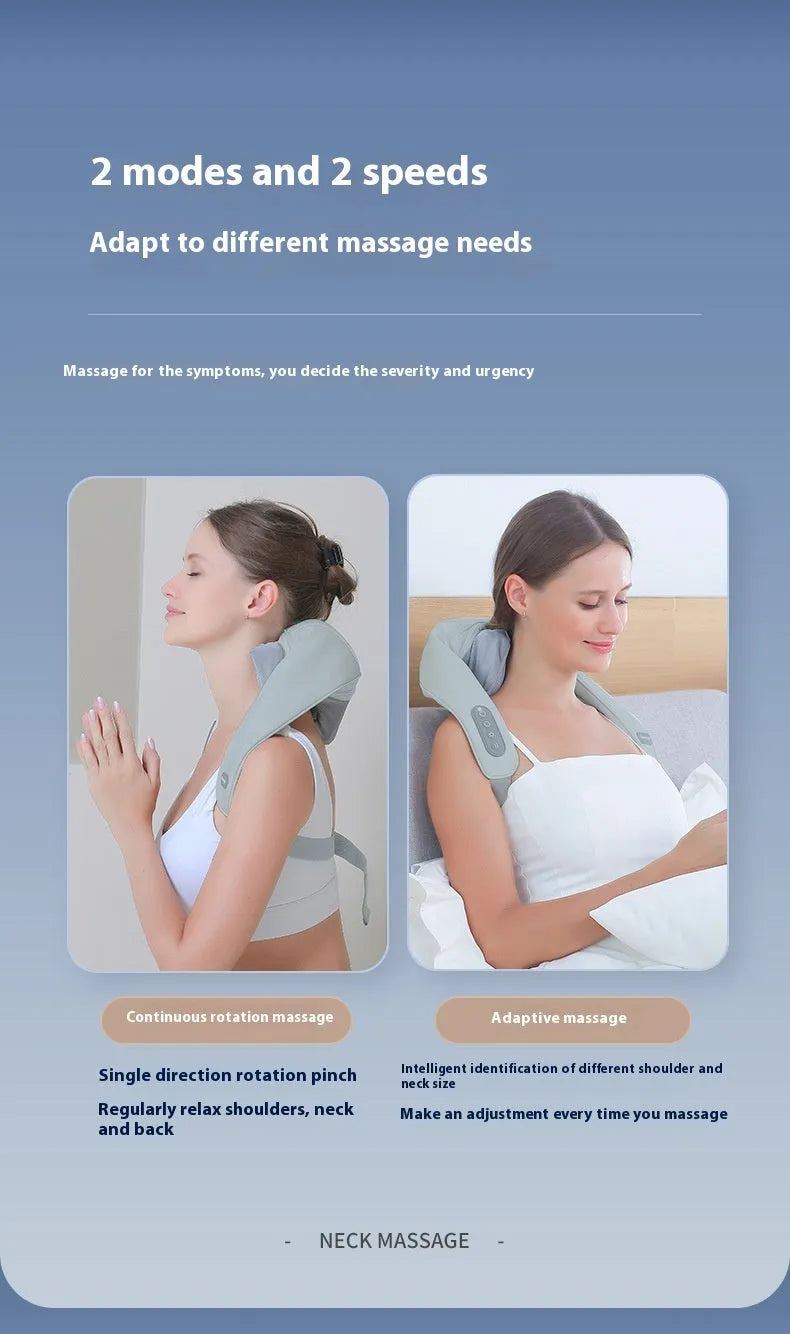 Grey elastic fabric neck massager with USB charging cable showing infrared physiotherapy function
