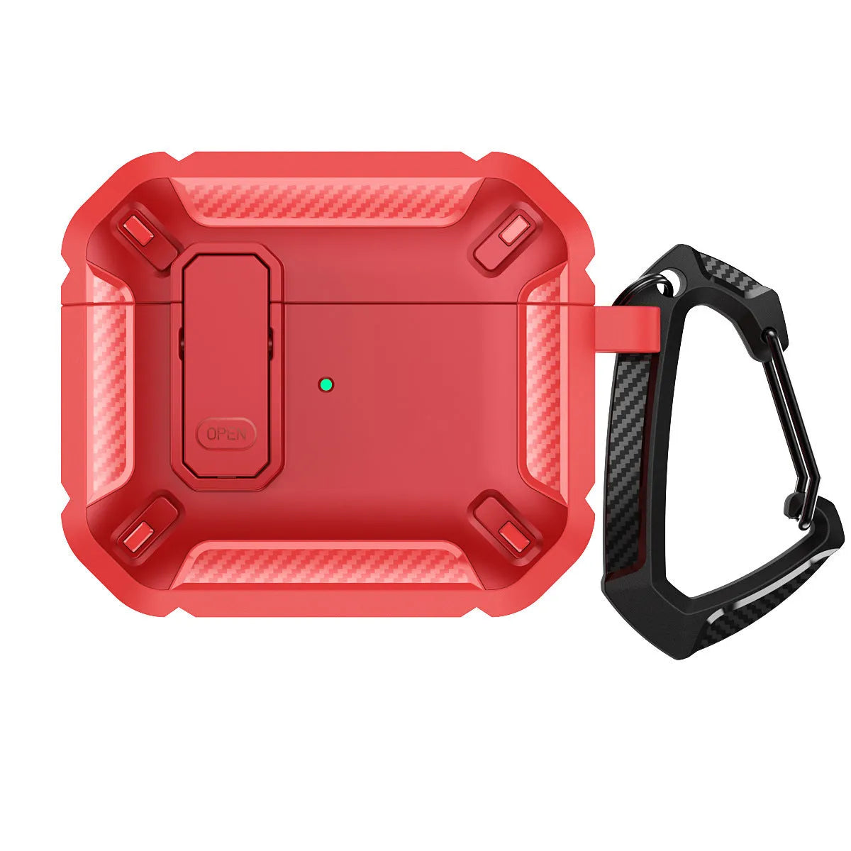 Two-tone plastic clamshell protective case for Apple AirPods with a metal carrying hook attached.