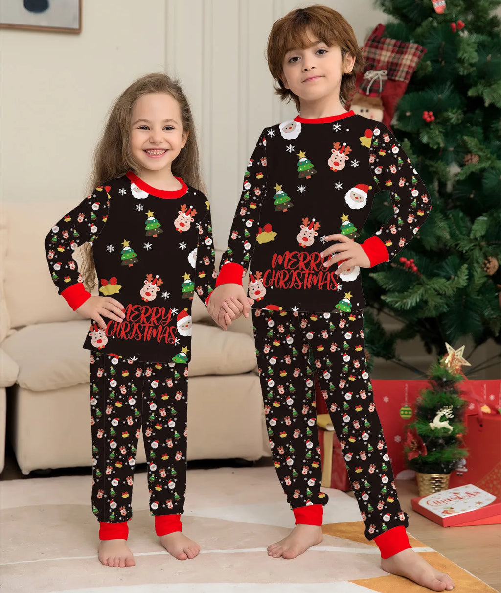 Family Christmas matching pajamas set in festive plaid and cartoon prints with dog sizes included