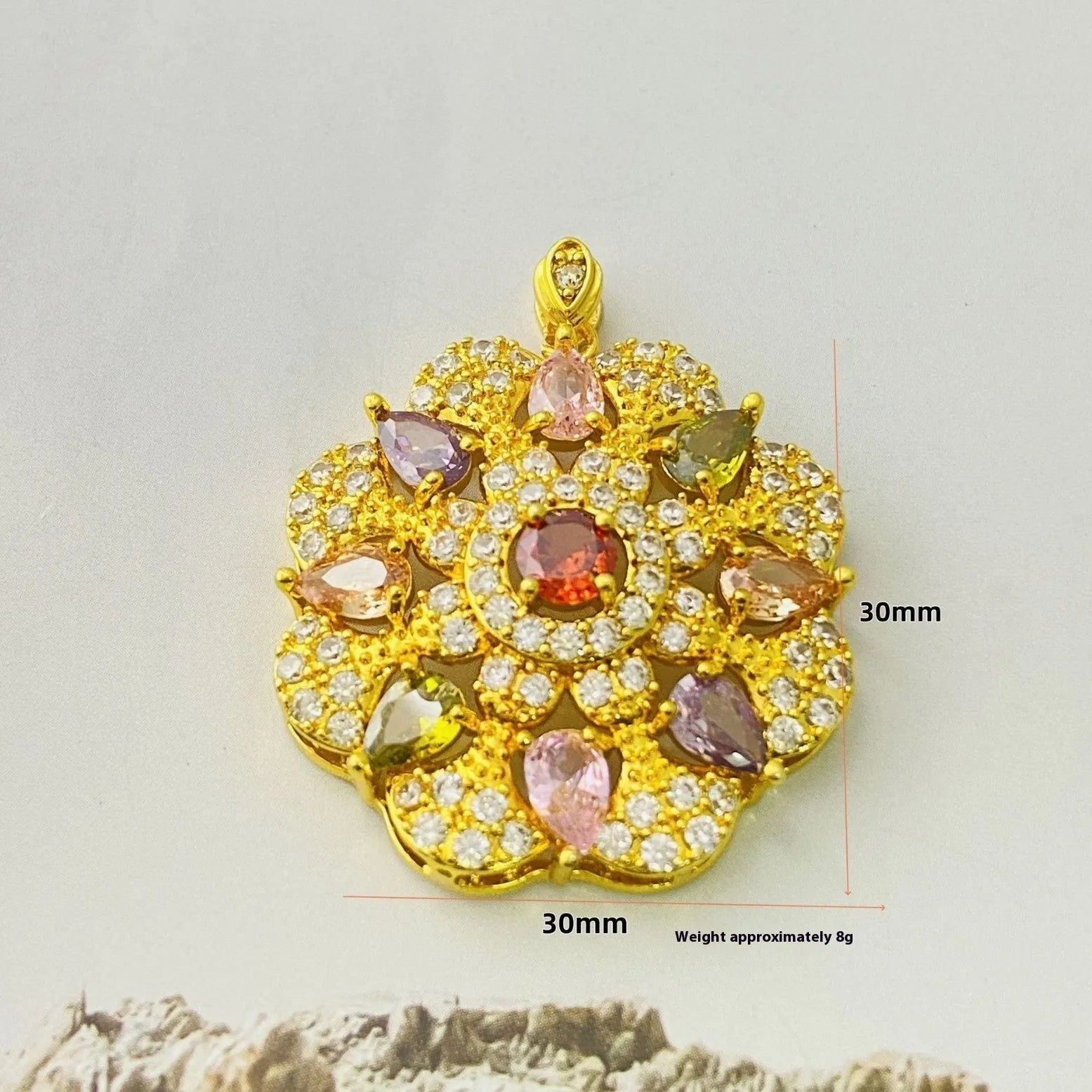 Women's zircon flower pendant necklace showing gold, champagne gold and platinum colour options with and without chain
