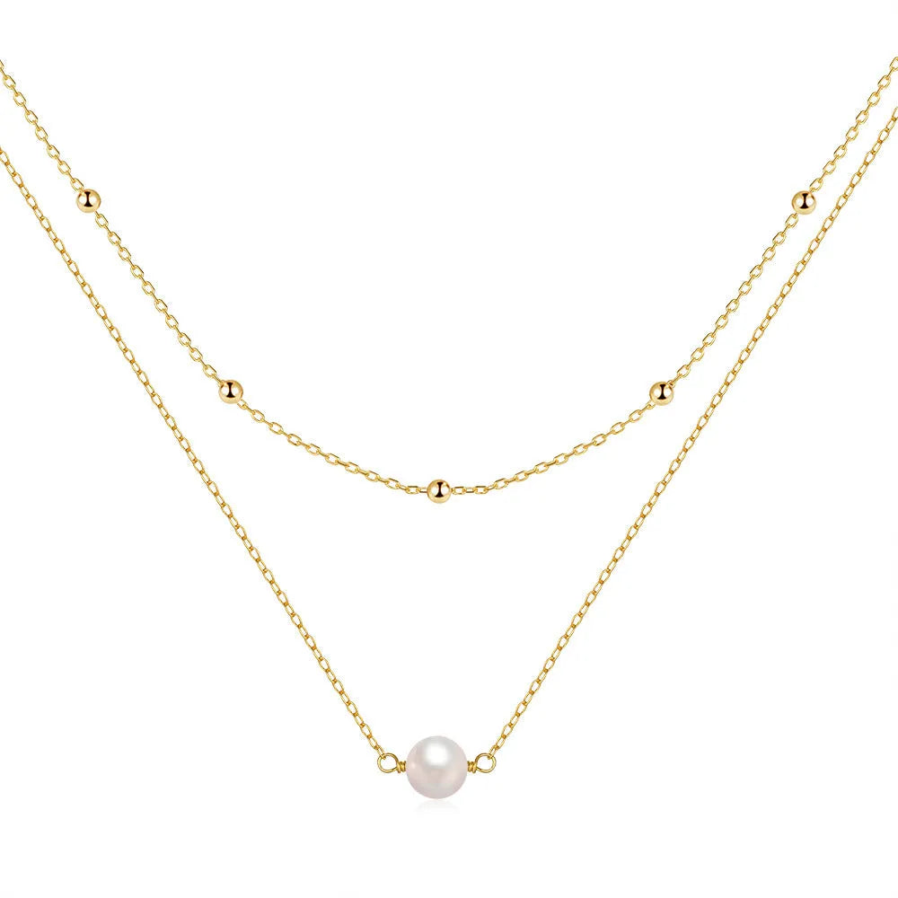 S925 sterling silver double layer pearl necklace with twin pearls and geometric design