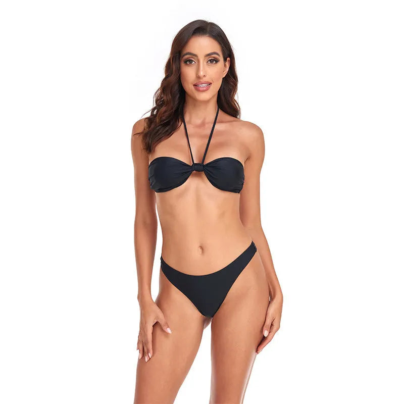 Black women's bikini swimwear set with lace-up tube top and matching briefs