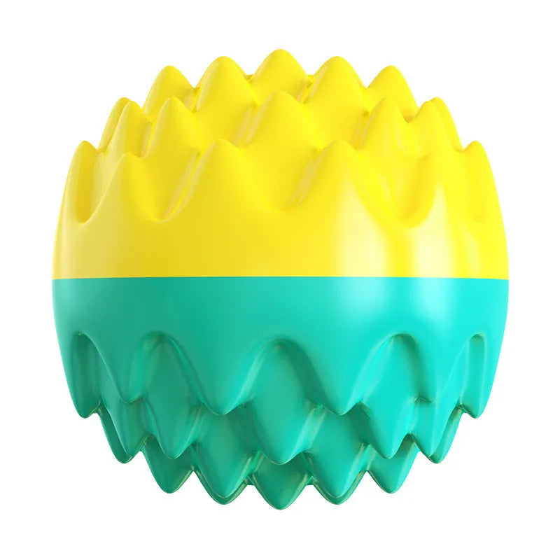 Blue and orange durable rubber squeaky dog ball toy with spiky texture for teeth cleaning.